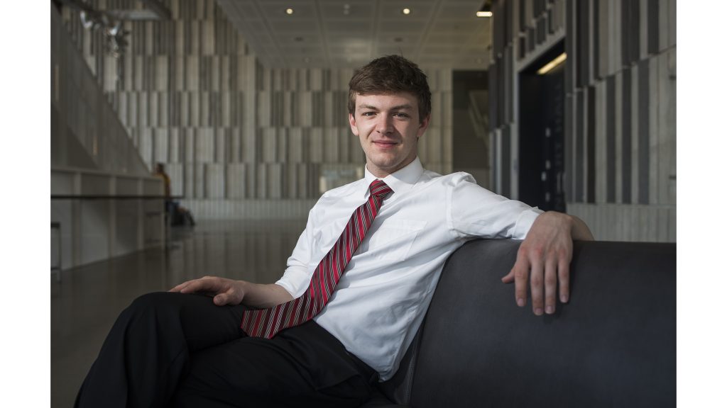 UI senior Jacob Simpson poses for a portrait in the Voxman Music Building on Monday, May 7, 2018. Simpson is the former president of UISG and will be leaving his post following graduation. (Ben Allan Smith/The Daily Iowan)