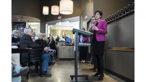 Kim Reynolds talks at Hy-Vee in Coralville during her 99 Counties tour on Thursday, April 5, 2018. 