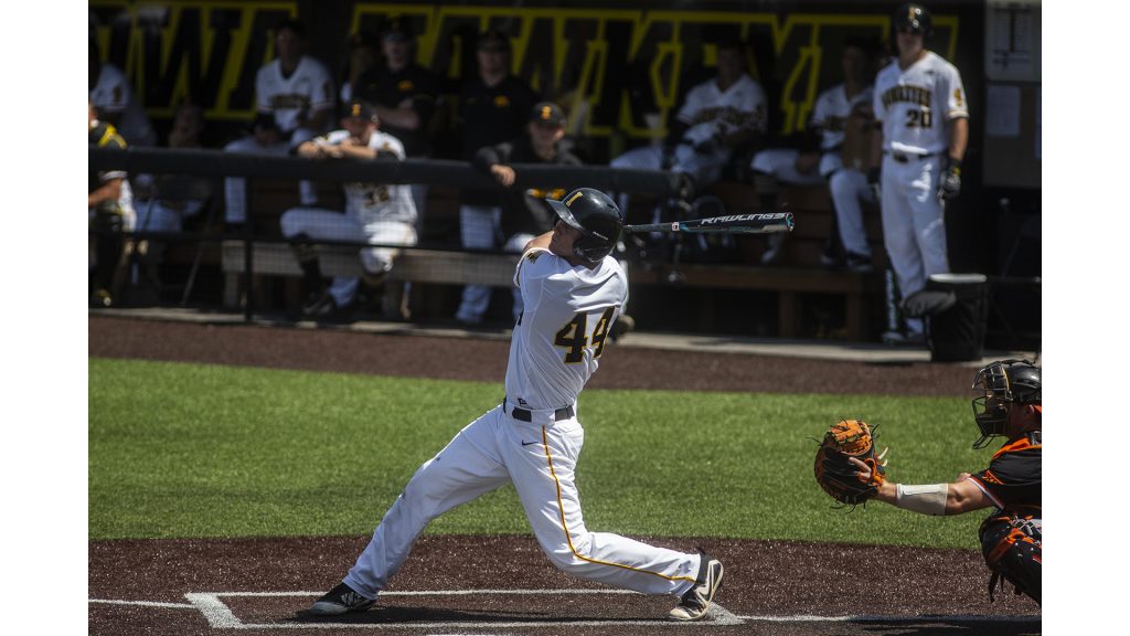 Iowa Right Fielder Robert Neustrom bats during Iowas game against Oklahoma State at Duane Banks Field on Saturday May 5, 2018. The Hawkeyes defeated the Cowboys 16-14. (Nick Rohlman/The Daily Iowan)