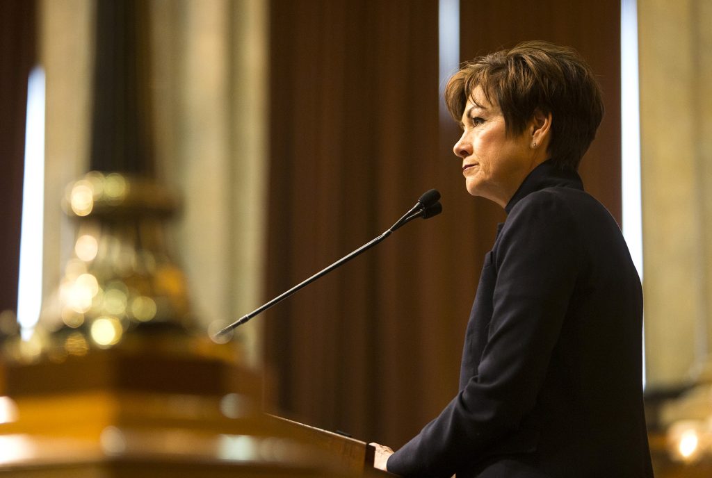 Iowa Gov. Kim Reynolds speaks during her first Condition of the State address in the Iowa State Capitol in Des Moines on January 9, 2018.