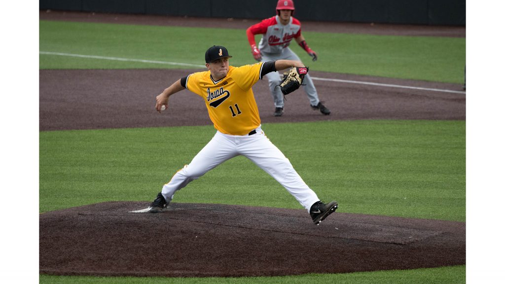 Cole McDonald pitches during Iowa men’s baseball vs. Ohio State at Banks Field on April 8, 2018. The Hawkeyes won the game 2-1. (Megan Nagorzanski/The Daily Iowan)