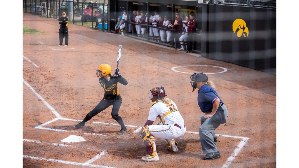 University of Iowa softball player Aralee Bogar stands in the batters box during a game against the University of Minnesota on Friday, Apr. 13, 2018. The Gophers defeated the Hawkeyes 6-2. (David Harmantas/The Daily Iowan)