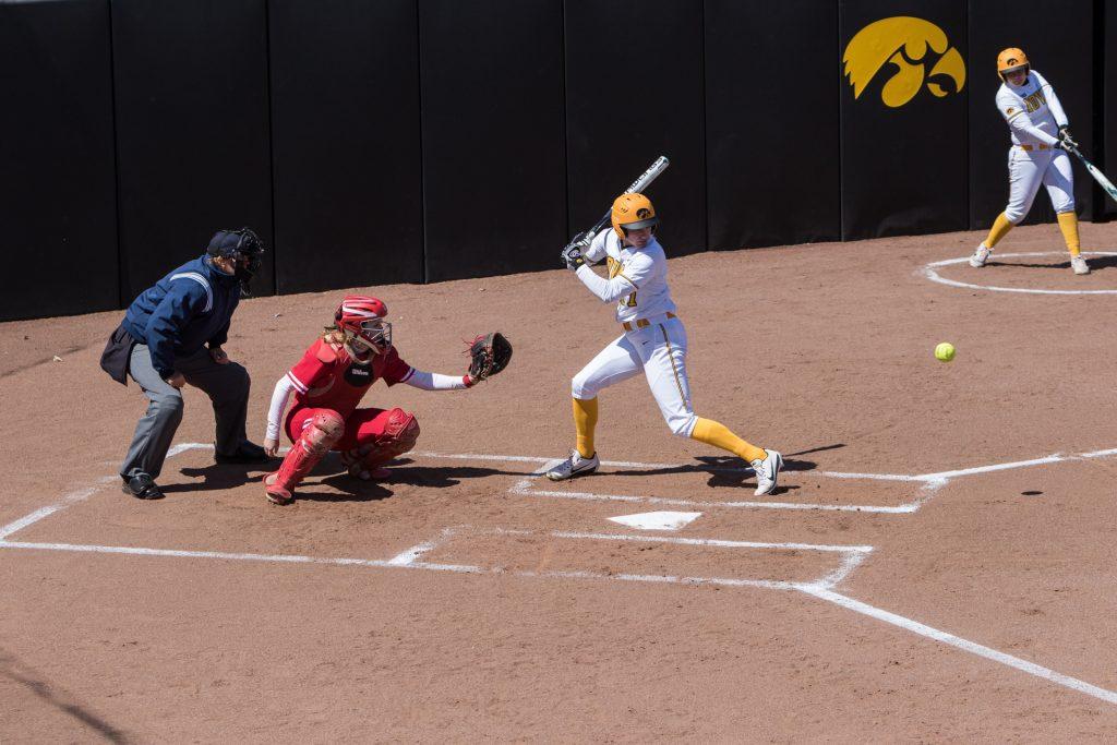 University+of+Iowa+softball+player+Allie+Wood+watches+a+pitch+during+a+game+against+the+University+of+Wisconsin+on+Saturday%2C+Apr.+7%2C+2018.+The+Hawkeyes+defeated+the+Badgers+3-0.+%28David+Harmantas%2FThe+Daily+Iowan%29