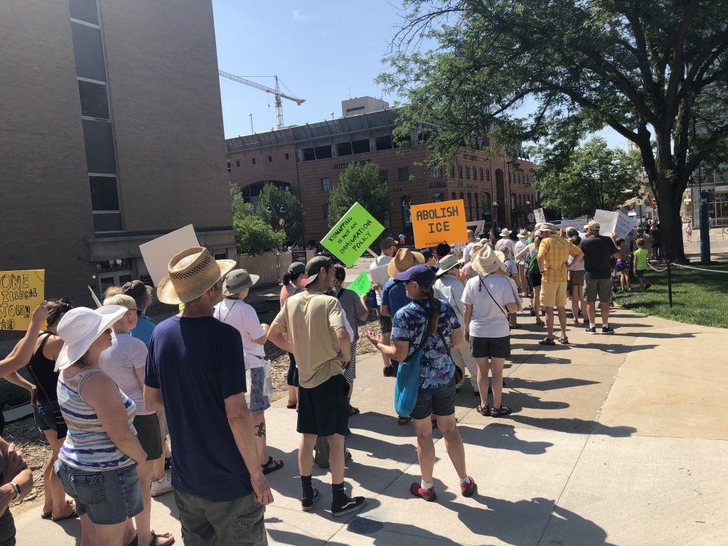 Hundreds march to College Green Park on June 30, 2018 to protest recent immigration policies that have resulted in children being separated from their parents at the border. (Sara Avalos/The Daily Iowan)