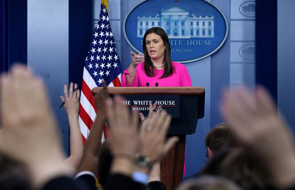 Press+Secretary+Sarah+Sanders+briefs+reporters+and+takes+questions+at+the+White+House+during+the+daily+press+briefing+on+June+25%2C+2018+in+Washington%2C+D.C.+%28Olivier+Douliery%2FAbaca+Press%2FTNS%29