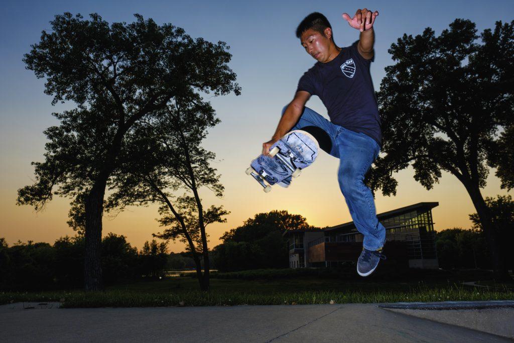 Push Skateboards founder Ben Peterson skates at the Iowa City Skate Park on Friday, June 15, 2018. Peterson often works more than 70 hours in a week between his full time job and responsibilities with Push, but still finds time to skateboard himself.