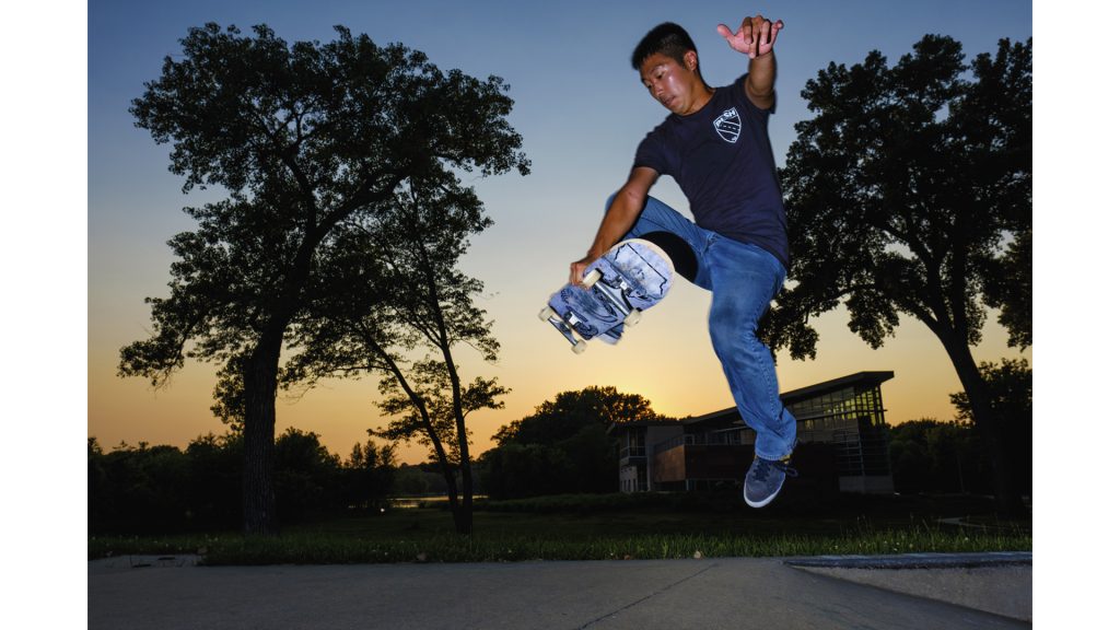 Push Skateboards founder Ben Peterson skates at the Iowa City Skate Park on Friday, June 15, 2018. Peterson often works more than 70 hours in a week between his full time job and responsibilities with Push, but still finds time to skateboard himself.