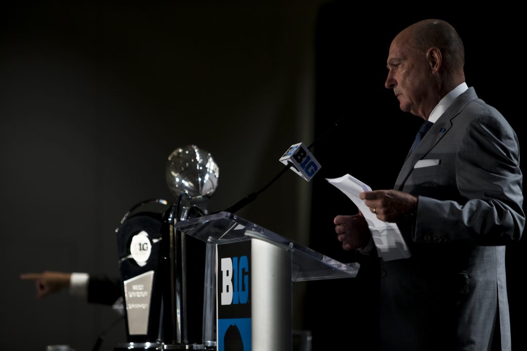 Big Ten Commissioner Jim Delany addresses the media at Big Ten Football Media Days in Chicago on Monday, July 23, 2018. (Nick Rohlman/The Daily Iowan)