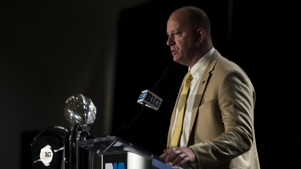 Purdue+Head+Coach+Jeff+Brohm+addresses+the+media+during+Big+Ten+Football+Media+Days+in+Chicago+on+Monday%2C+July+23%2C+2018.+%28Nick+Rohlman%2FThe+Daily+Iowan%29