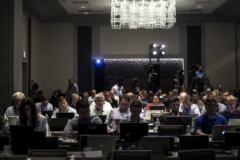 Members of the press work during Big Ten Football Media Days in Chicago on Monday, July 23, 2018. (Nick Rohlman/The Daily Iowan)