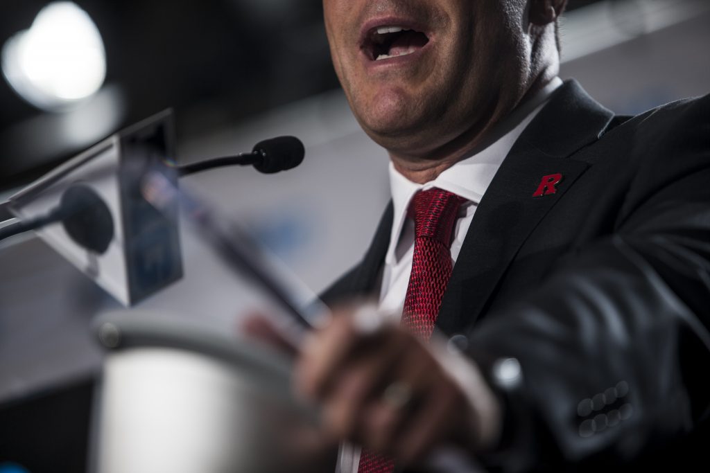 Rutgers Head Coach Chris Ash addresses the media during Big Ten Football Media Days in Chicago on Monday, July 23, 2018. (Nick Rohlman/The Daily Iowan)