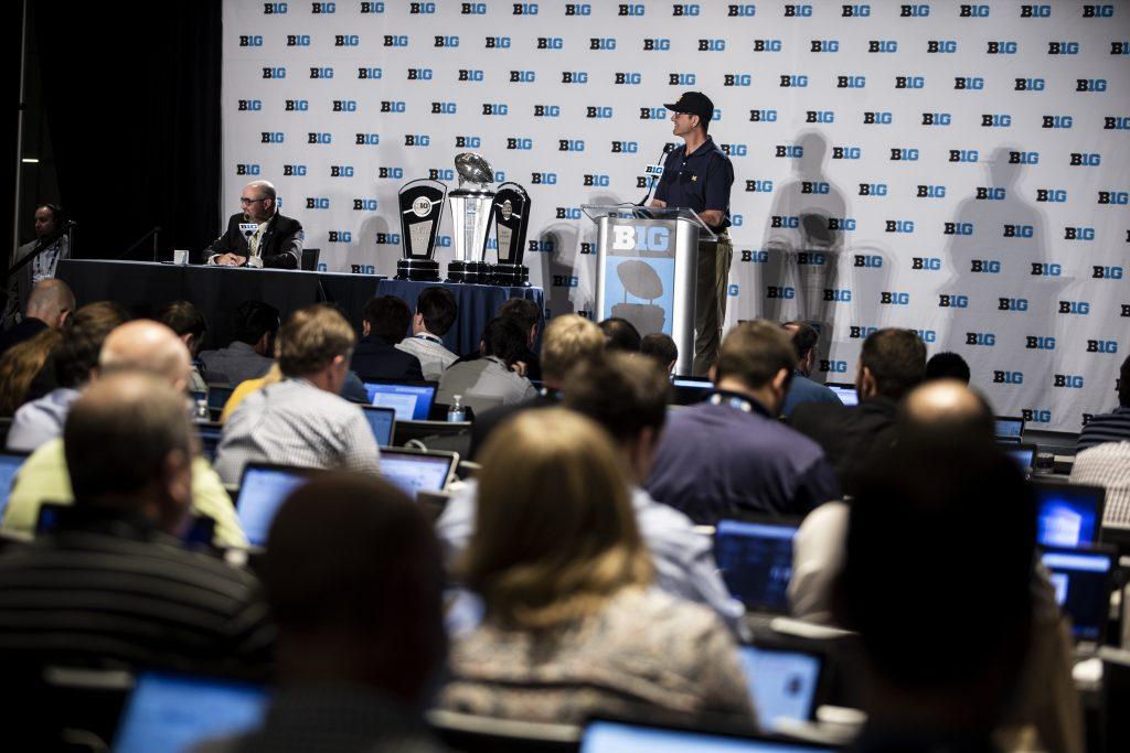 Michigan Head Coach Jim Harbaugh addresses the media during Big Ten Football Media Days in Chicago on Monday, July 23, 2018. (Nick Rohlman/The Daily Iowan)