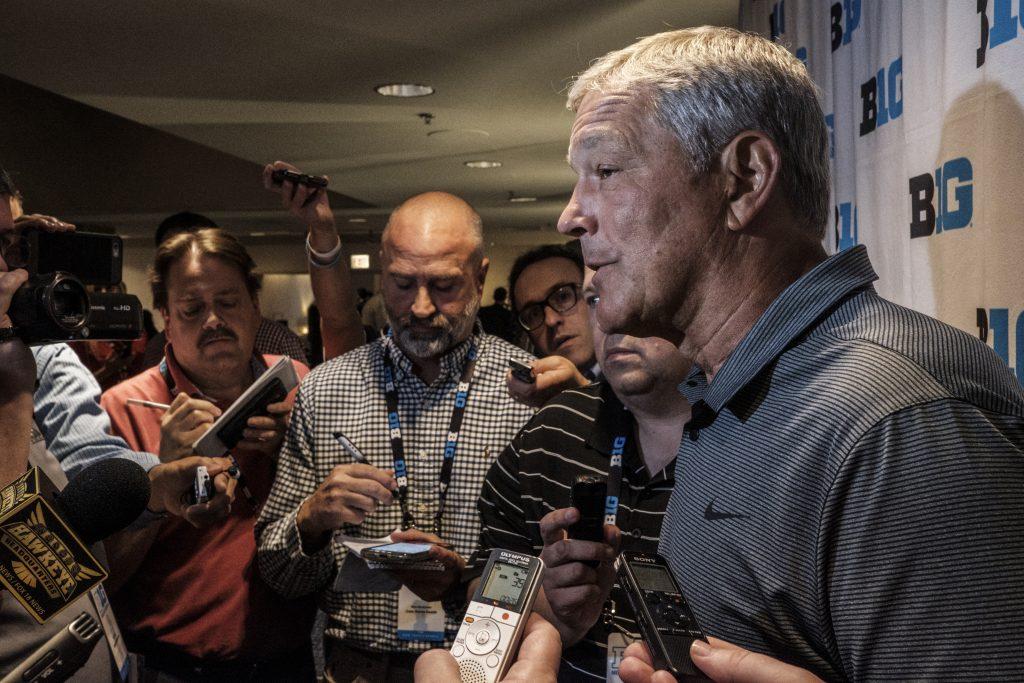 Iowa Head Coach Kirk Ferentz speaks with the media during Big Ten Football Media Days in Chicago on Monday, July 23, 2018. (Nick Rohlman/The Daily Iowan)