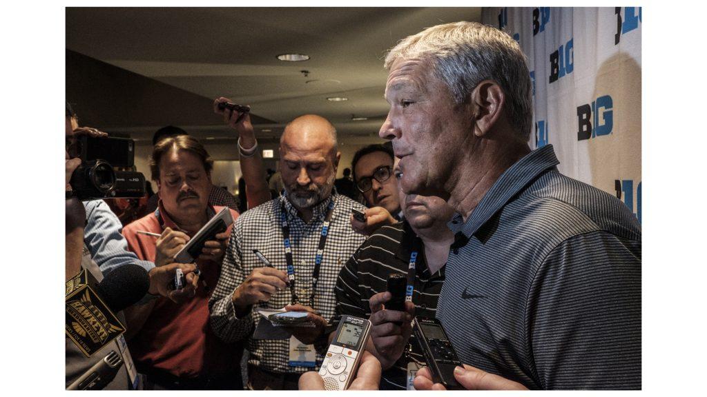 Iowa Head Coach Kirk Ferentz speaks with the media during Big Ten Football Media Days in Chicago on Monday, July 23, 2018. (Nick Rohlman/The Daily Iowan)