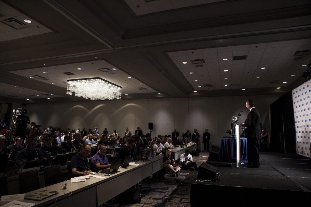 Ohio State Head Coach Urban Meyer addresses the media during Big Ten Football Media Days in Chicago on Tuesday, July 24, 2018. Meyer fired Wide Receivers coach Zach Smith on Monday amid allegations of domestic violence. (Nick Rohlman/The Daily Iowan)