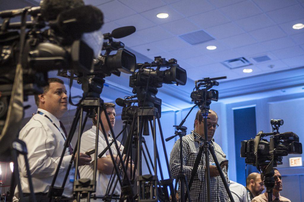 Television crews record video as Ohio State Head Coach Urban Meyer addresses the media during Big Ten Football Media Days in Chicago on Tuesday, July 24, 2018. (Nick Rohlman/The Daily Iowan)