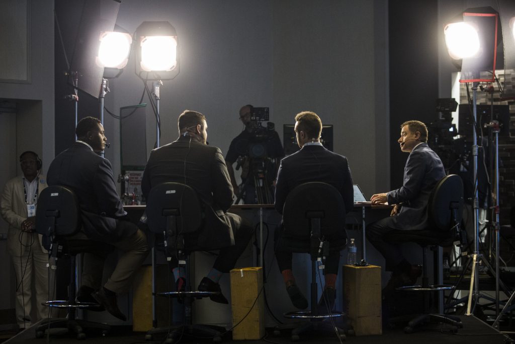 Big Ten Network broadcasts live form the individual interview podium area during Big Ten Football Media Days in Chicago on Tuesday, July 24, 2018. (Nick Rohlman/The Daily Iowan)