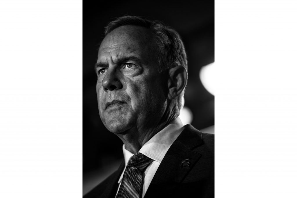 Michigan State Head Coach Mark Dantonio addresses the media during Big Ten Football Media Days in Chicago on Tuesday, July 24, 2018. (Nick Rohlman/The Daily Iowan)