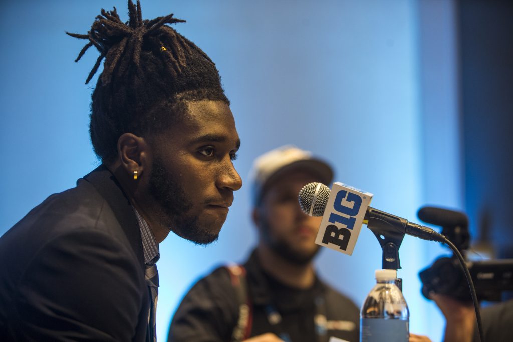 Indiana's Jonathan Crawford addresses the media during Big Ten Football Media Days in Chicago on Tuesday, July 24, 2018. (Nick Rohlman/The Daily Iowan)