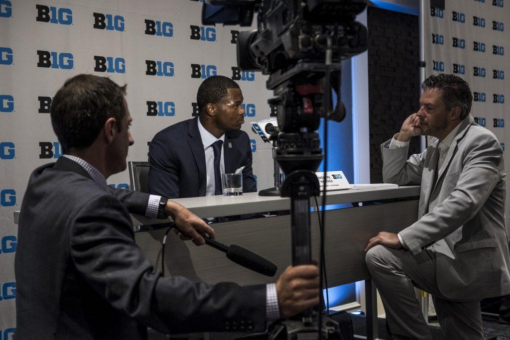 Northwestern's Montre Hartage addresses the media during Big Ten Football Media Days in Chicago on Monday, July 23, 2018. (Nick Rohlman/The Daily Iowan)