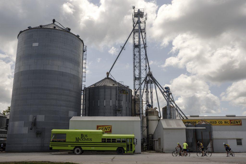 Riders stop on the side of a road in Riverside, Iowa during RAGBRAI on Friday, July 27, 2018. Riders rode from Sigourney to Iowa City on Day 6 of this years ride. (Nick Rohlman/The Daily Iowan)