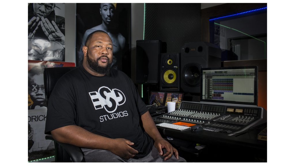 Tyrell Thornton sits for a portrait in his recording studio in Iowa City on Sunday, July 15, 2018. Thornton, who produces as 