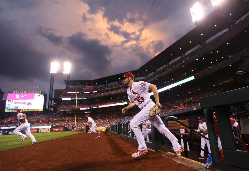 St. Louis Cardinals pitcher John Gant and the Cardinals take the field for a game between the St. Louis Cardinals and the Cleveland Indians at Busch Stadium on Monday,  June 25, 2018, in St. Louis, Mo. The Cardinals won, 4-0. (Chris Lee/St. Louis Post-Dispatch/TNS)