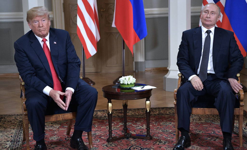 U.S. President Donald Trump, left, and Russian President Vladimir Putin during a meeting on Monday, July 16, 2018 in Helsinki, Finland. (Nikolsky Alexei/TASS/Zuma Press/TNS)