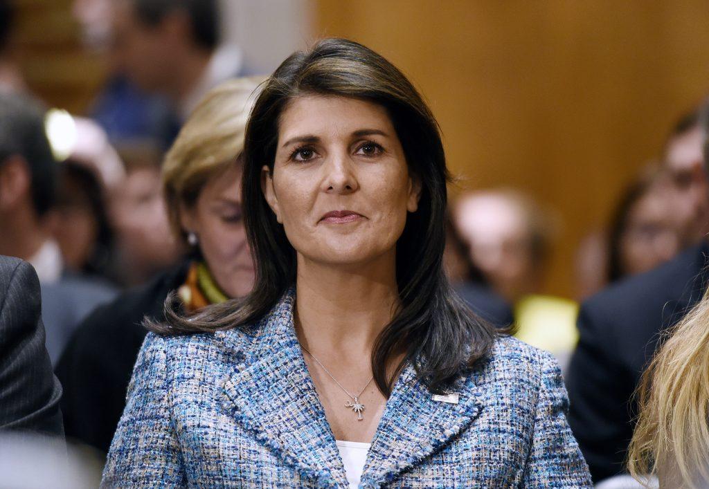 U.N.+ambassador+Nikki+Haley+attends+Mike+Pompeos+confirmation+hearing+before+the+Senate+Foreign+Relations+Committee+on+April+12%2C+2018+in+Washington%2C+D.C.+%28Olivier+Douliery%2FAbaca+Press%2FTNS%29