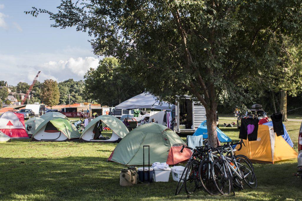 Tents lie across the ground in Iowa City's City Park during RAGBRAI on July 27, 2018. Riders rode from Sigourney to Iowa City on Day 6 of this year's event. (Katina Zentz/The Daily Iowan)