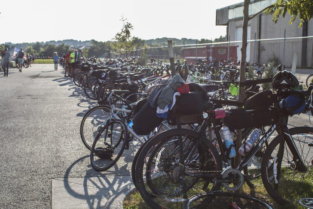 Bikes lean against each other outside of Big Grove Brewery during RAGBRAI on July 27, 2018. Riders rode from Sigourney to Iowa City on Day 6 of this years event. (Katina Zentz/The Daily Iowan)