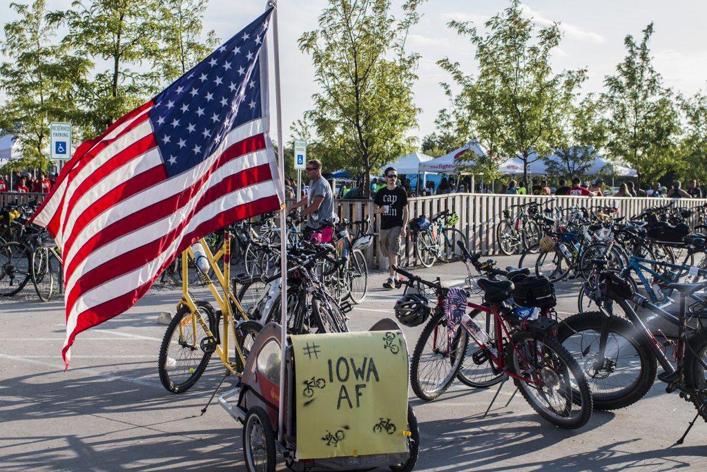 A sign featuring the hashtag "Iowa AF" sits in the Big Grove Brewery parking lot during RAGBRAI on July 27, 2018. Riders rode from Sigourney to Iowa City on Day 6 of this year's event. (Katina Zentz/The Daily Iowan)