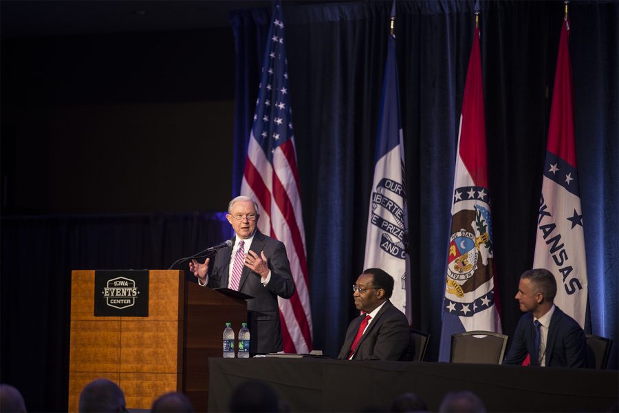 U.S. Attorney General Jeff Sessions spoke at the Eighth Circuit Judicial Conference at the Iowa Events Center in Des Moines Friday, August 17. Sessions spoke to a group of judges supporting President Trumps U.S. Supreme Court nomination, Brett Kavanagh.