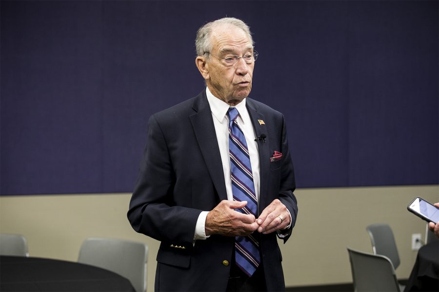 Then-Senate Judiciary Committee Chair Chuck Grassley, R-Iowa, talks to reporters at the Eight Circuit Judicial Conference in Des Moines on Friday, Aug. 17, 2018. 