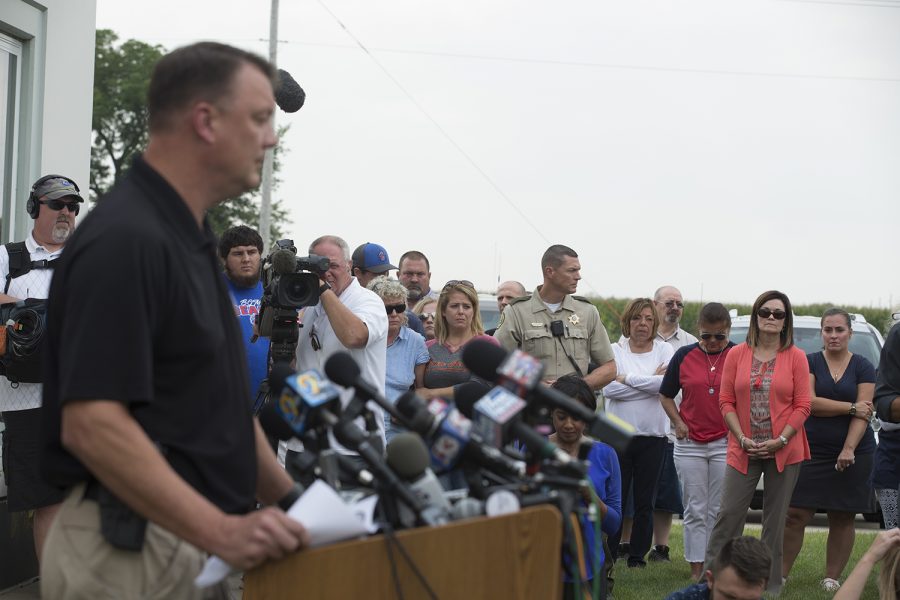 Friends, family, and community members listen during the Mollie Tibbetts press conference located in Montezuma, Iowa on Aug. 21, 2018. Rahn reports that first-degree murder charges have been filed against undocumented immigrant, Cristhian Bahena Rivera, 24. Tibbetts would have been entering her second year at the University of Iowa.