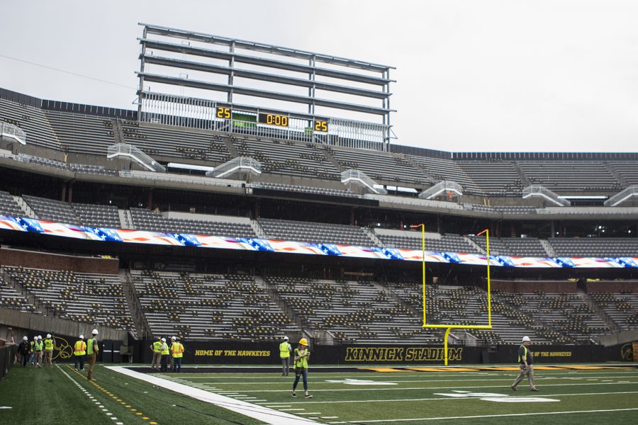 Members of the media tour north end zone construction at Kinnick Stadium on Tuesday, Aug. 28, 2018. Construction is set to be completely finished by the 2019 football season, with outdoor club seating ready for the 2018 season. The Hawkeyes open their season at Kinnick Stadium on Saturday, Sept. 1, against Northern Illinois. 