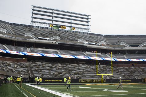 Members of the media tour north end zone construction at Kinnick Stadium on Tuesday, August 28, 2018. Construction is set to be completely finished by the 2019 football season, with outdoor club seating ready for the 2018 season. The Hawkeyes open their season at Kinnick Stadium on Saturday, September 1, against Northern Illinois.