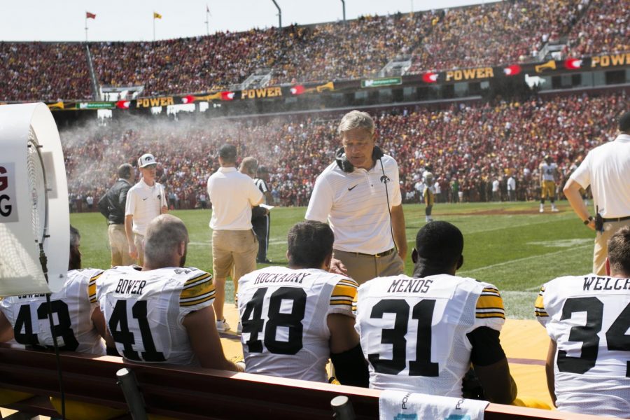 Iowa head coach Kirk Ferentz yells instructions to players on the sideline during the Iowa/Iowa State game for the Cy-Hawk trophy in Jack Trice Stadium on Saturday, Sept. 9, 2017. The Hawkeyes defeated the Cyclones, 44-41, in overtime.(Joseph Cress/The Daily Iowan)