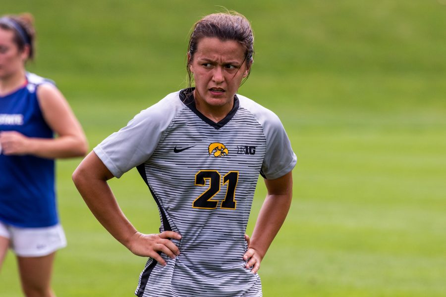 Iowa soccer player Emma Tokuyama walks off the field for a water break during a game against Indiana State University on Sunday, Aug. 26, 2018. The Hawkeyes defeated the Sycamores 1-0.