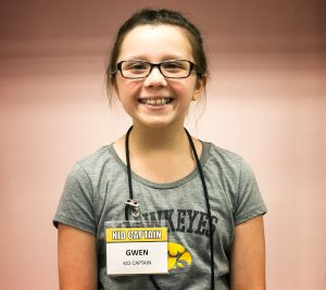 Kid Captain Gwen White smiles for a portrait during Iowa Football Kids Day at Kinnick Stadium on Saturday, Aug. 11, 2018. The 2018 Kid Captains met the Iowa football team and participated in a behind-the-scenes tour of Kinnick Stadium. Gwens story will be featured during Iowas first home game on Saturday.