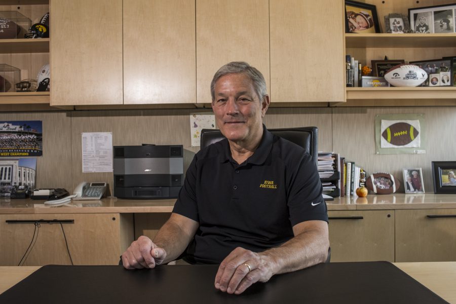 Iowa Football Head Coach Kirk Ferentz sits for a portrait in his office on Thursday, June 28, 2018. Ferentz is one win away from surpassing former head coach Hayden Frys all time win record.