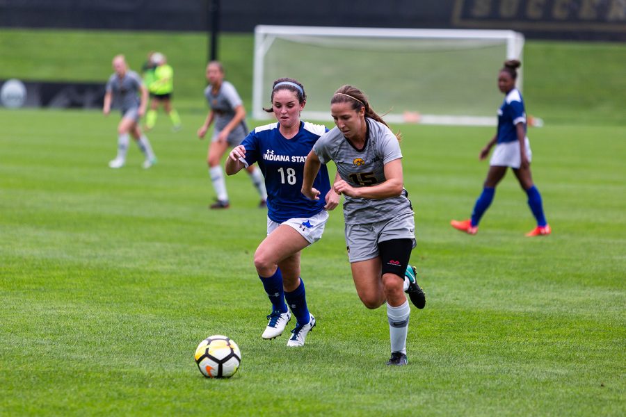 University of Iowa soccer player Rose Ripslinger chases the ball down during a game against Indiana State University on Sunday, Aug. 26, 2018. Ripslinger had the only goal of the game and the Hawkeyes defeated the Sycamores 1-0. 