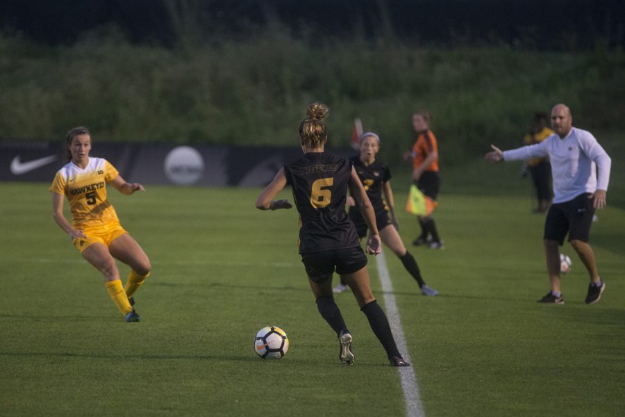 Iowas Anna Frick navigates the field during a soccer match between Iowa and Missouri at the Iowa Soccer Complex on Friday, Aug. 17, 2018. The Hawkeyes drew the Tigers, 0-0. 