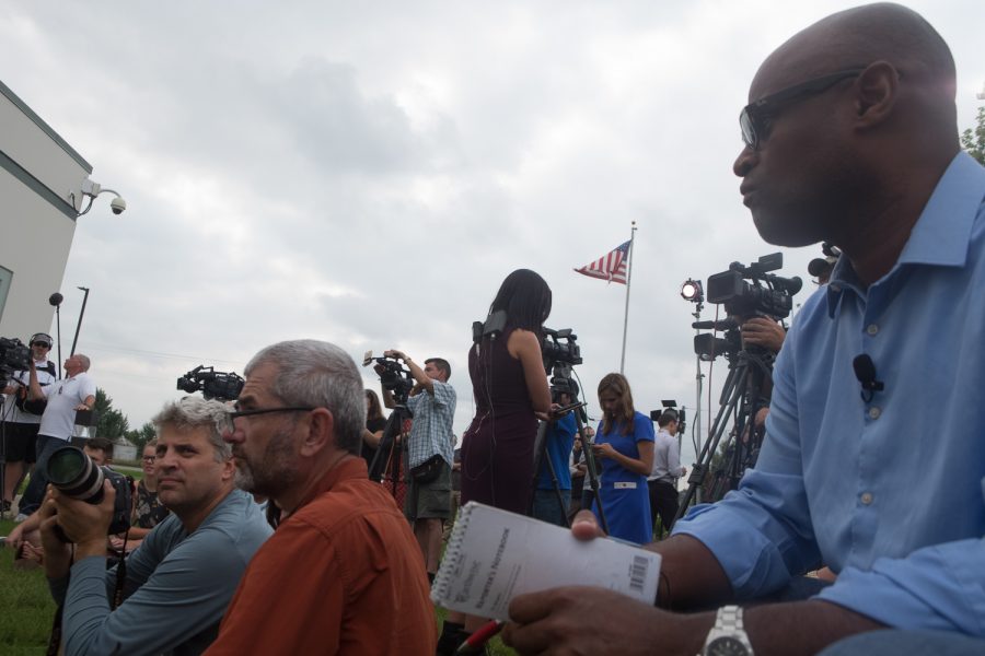 Reporters gather and wait before the Mollie Tibbetts press conference in Montezuma, Iowa on Aug. 21, 2018. DCI Special Agent in Charge Richard Rahn reports that first-degree murder charges have been filed against undocumented immigrant, Cristhian Bahena Rivera, 24. Tibbetts would have been entering her second year at the University of Iowa.