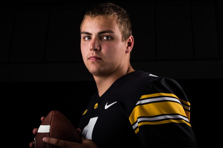 Quarterback+Nate+Stanley+poses+for+a+portrait+during+Iowa+Football+media+day+on+Aug.+10.+