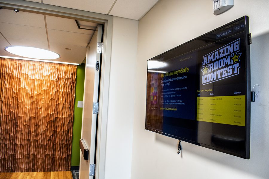Television screens are seen in Catlett Hall on Sunday, August 26, 2018. University of Iowa Housing and Dining will no longer be accepting paper marketing in the residence halls in effort to be more sustainable. 