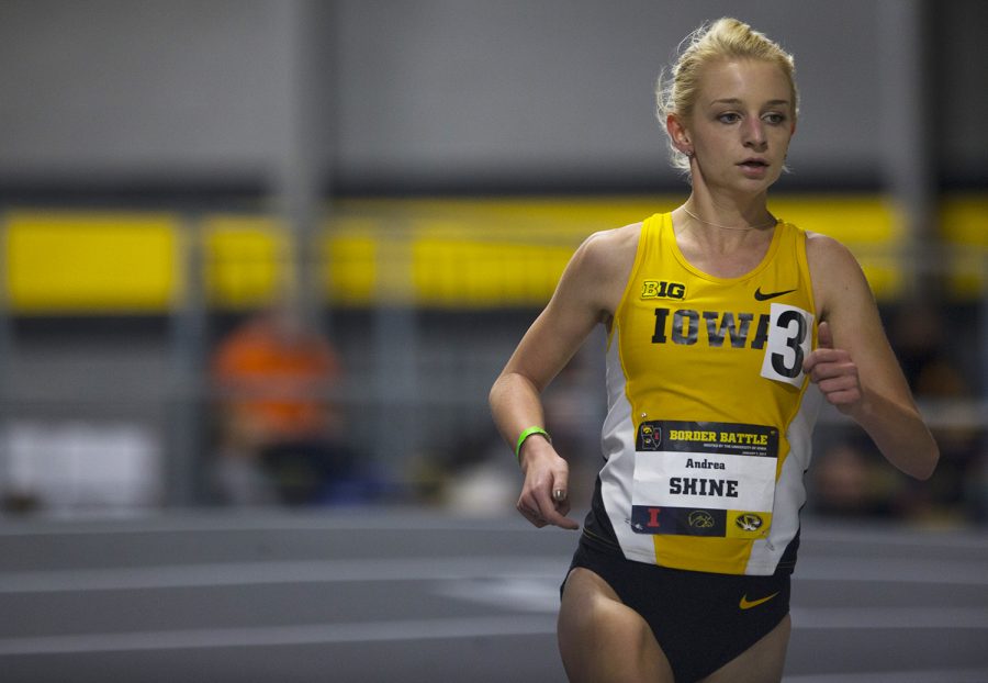 Iowa sophomore Andrea Shine rounds a turn during the Border Battle indoor track meet in the UI Recreation Building with Iowa, Missouri and Illinois competing on Saturday, Jan. 7, 2017. The Hawkeye women defeated Missouri and Illinois, 105-33 and 96-51 respectively, while the men defeated Missouri, 107-27 and fell to Illinois, 85-74.