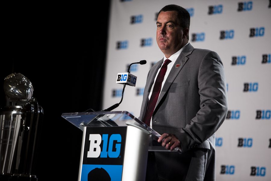 Wisconsin Head Coach Paul Chryst addresses the media during Big Ten Football Media Days in Chicago on Tuesday, July 24, 2018. 