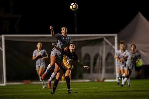 Iowa Forward Kaleigh Haus wins a header during Iowas game against Central Michigan on Friday, Aug. 31, 2018. The Hawkeyes defeated the Chippewas 3-1.