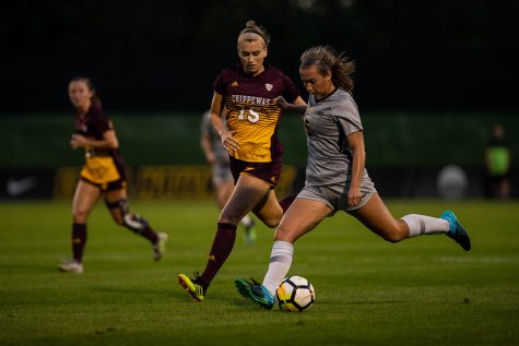 Iowa defender Riley Whitaker crosses the ball during Iowas game against Central Michigan on Friday, Aug. 31, 2018. The Hawkeyes defeated the Chippewas 3-1.